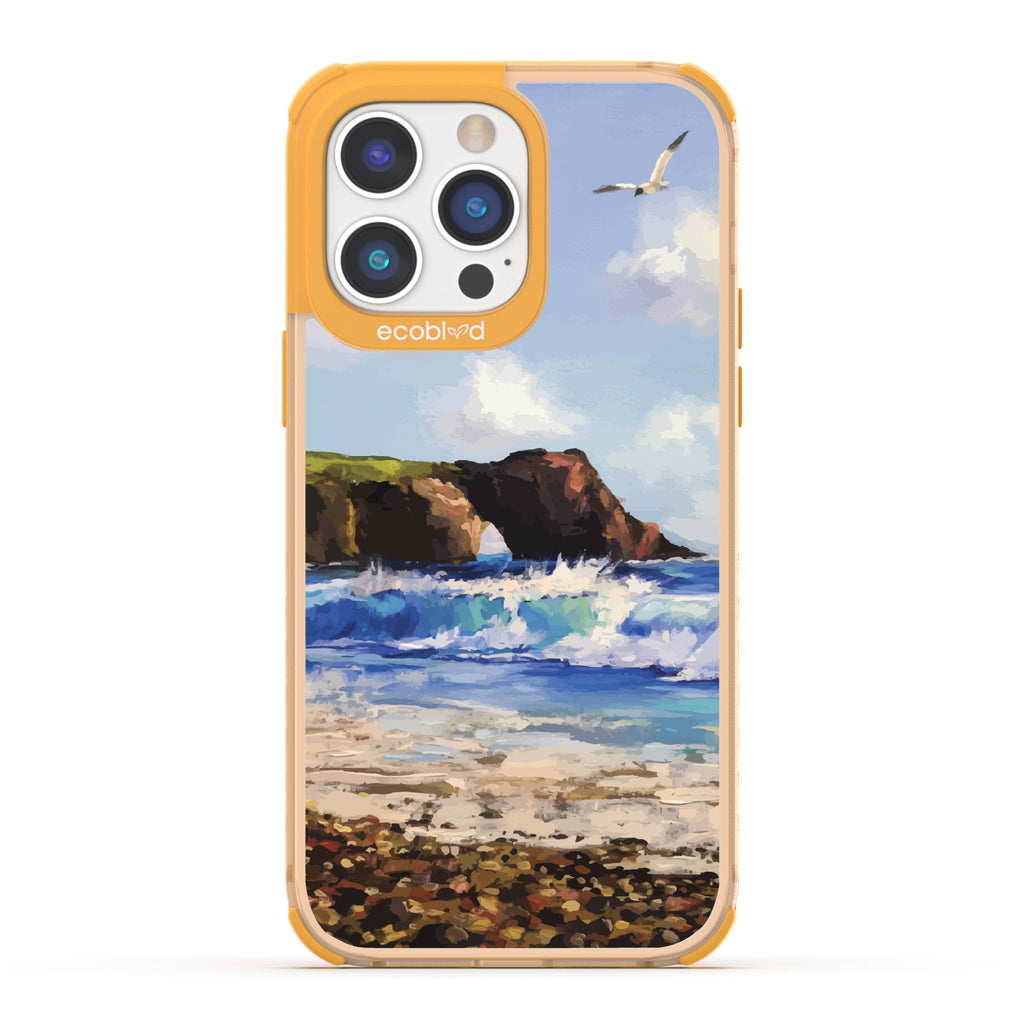 iPhone 14 Pro case, clear eco-friendly phone case with yellow ridges, back view, Cliffhanger design