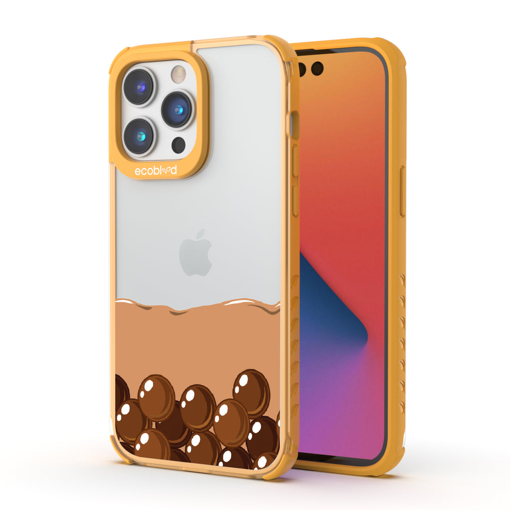 Front and back view of iPhone 14 Pro Max case, clear compostable phone case with yellow ridges, Brown Sugar Boba design