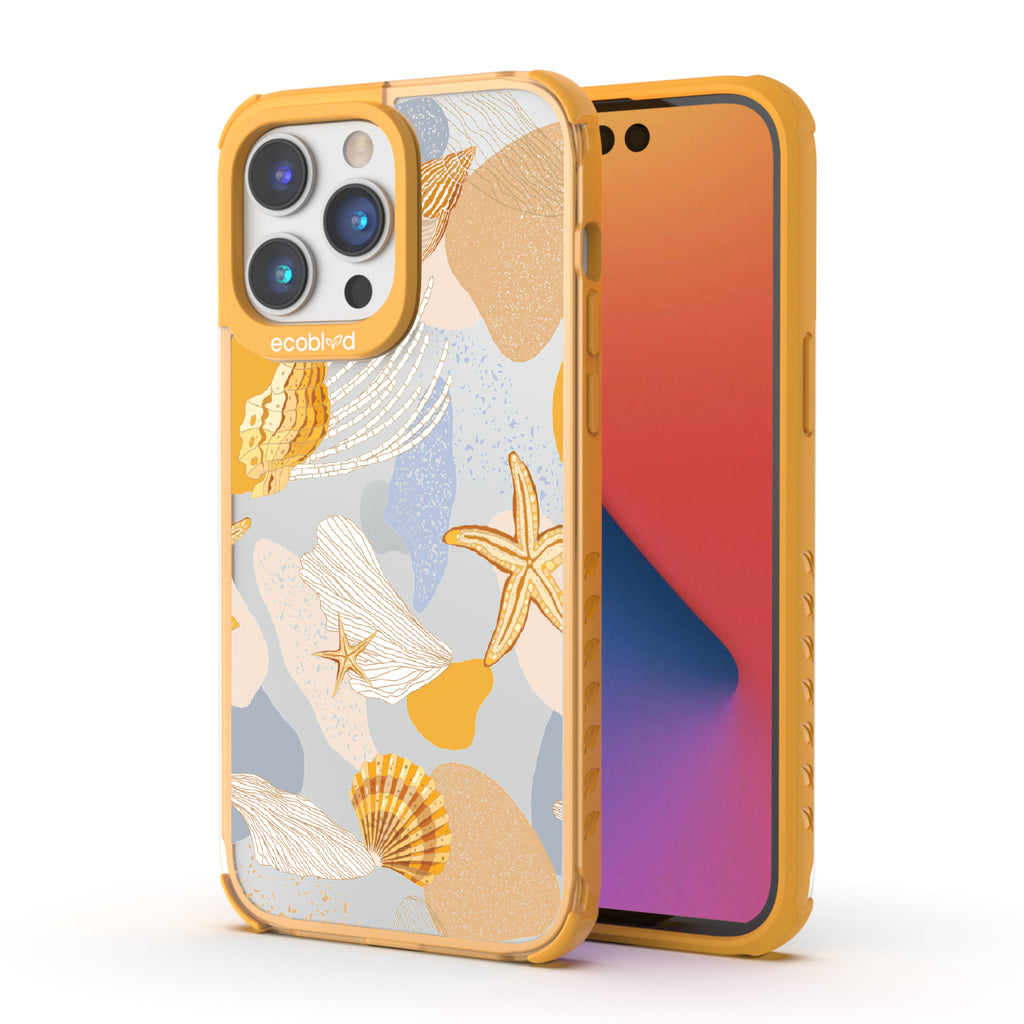 Front and back view of iPhone 14 Pro Max case, clear compostable phone case with yellow ridges, Coastal Treasures design