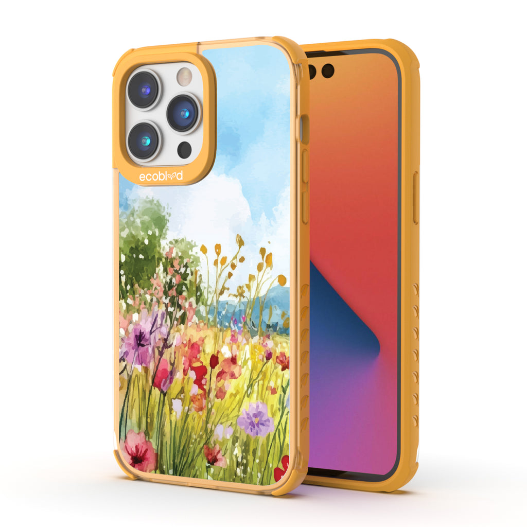 Front and back view of iPhone 14 Pro Max case, clear compostable phone case with yellow ridges, Everwild design