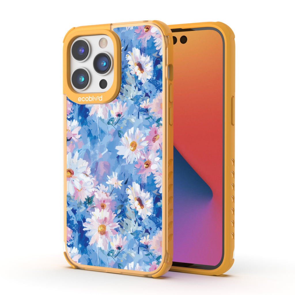 Front and back view of iPhone 14 Pro Max case, clear compostable phone case with yellow ridges, Blown Away design