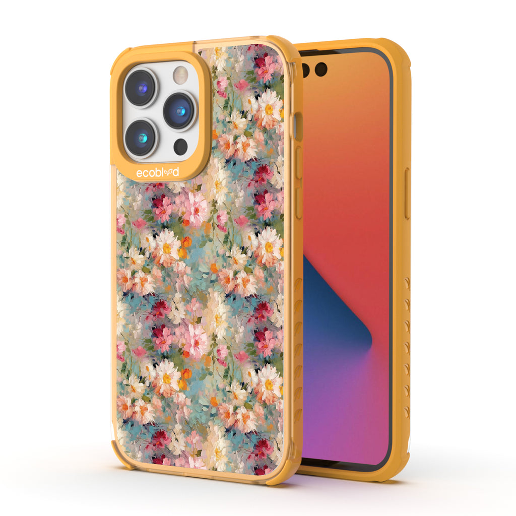 Front and back view of iPhone 14 Pro Max case, clear compostable phone case with yellow ridges, Perennial design