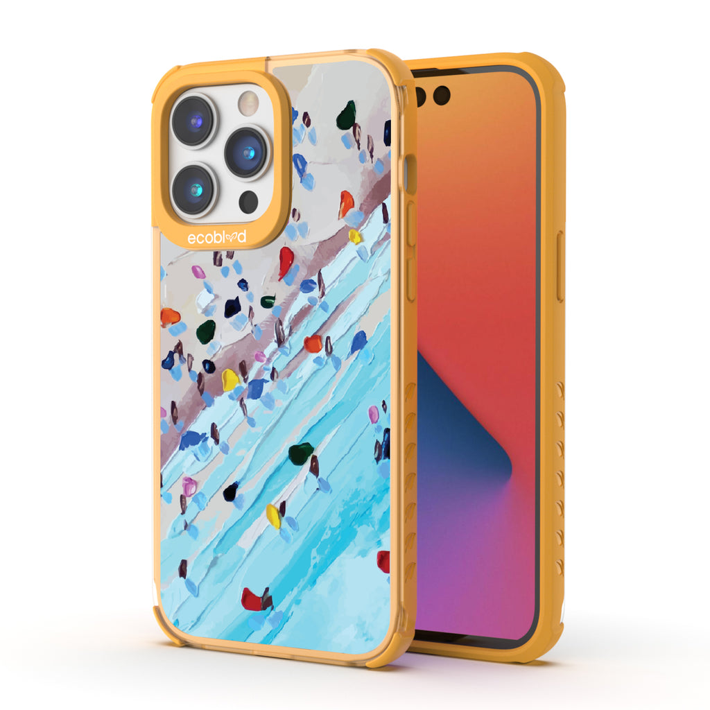 Front and back view of iPhone 14 Pro Max case, clear compostable phone case with yellow ridges, Waves of Color design