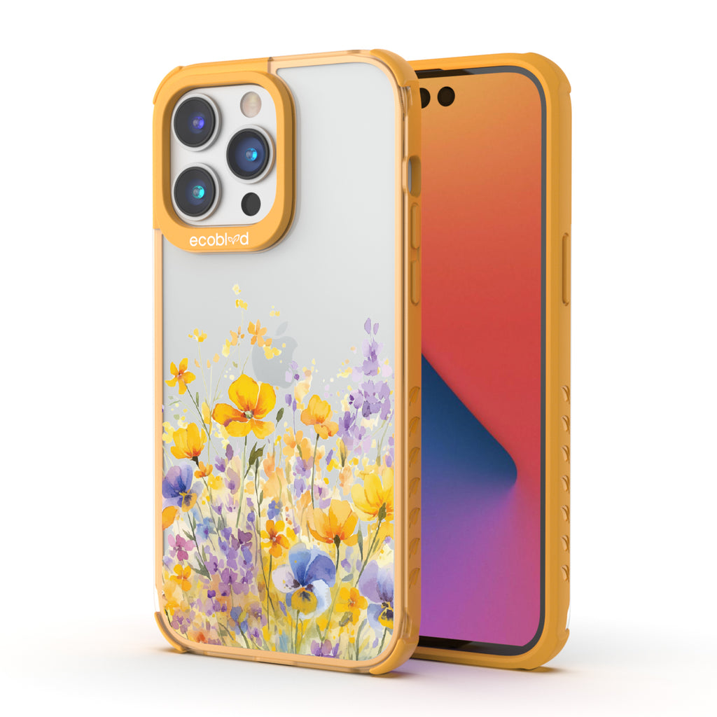 Front and back view of iPhone 14 Pro Max case, clear compostable phone case with yellow ridges, Meadowlight design