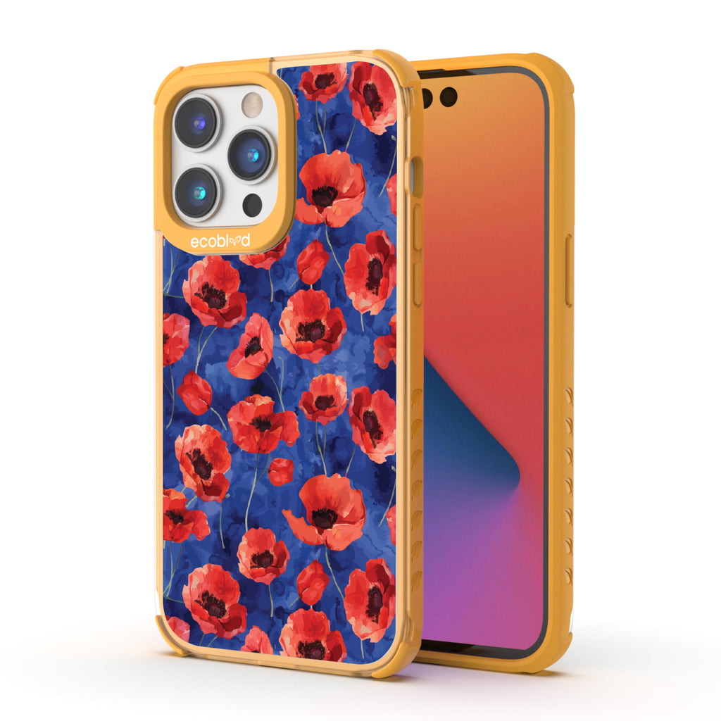 Front and back view of iPhone 14 Pro case, clear compostable phone case with yellow ridges, Dream Bouquet design
