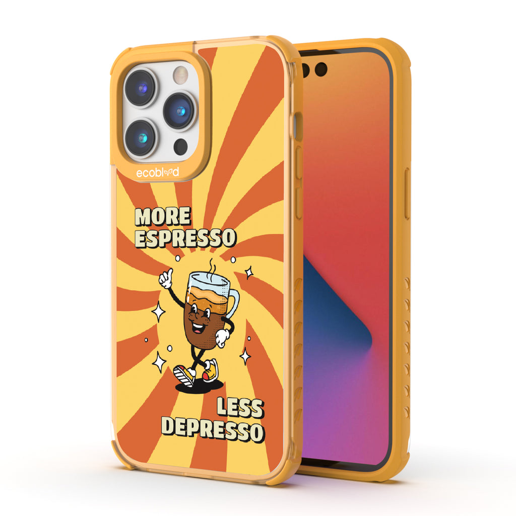 Front and back view of iPhone 14 Pro Max case, clear compostable phone case with yellow ridges, More Espresso design