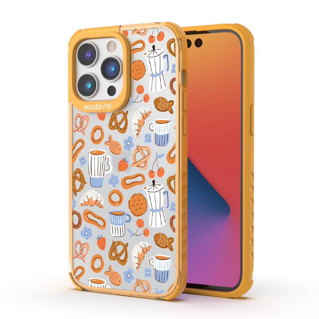 Front and back view of iPhone 14 Pro Max case, clear compostable phone case with yellow ridges, The Breakfast Club design
