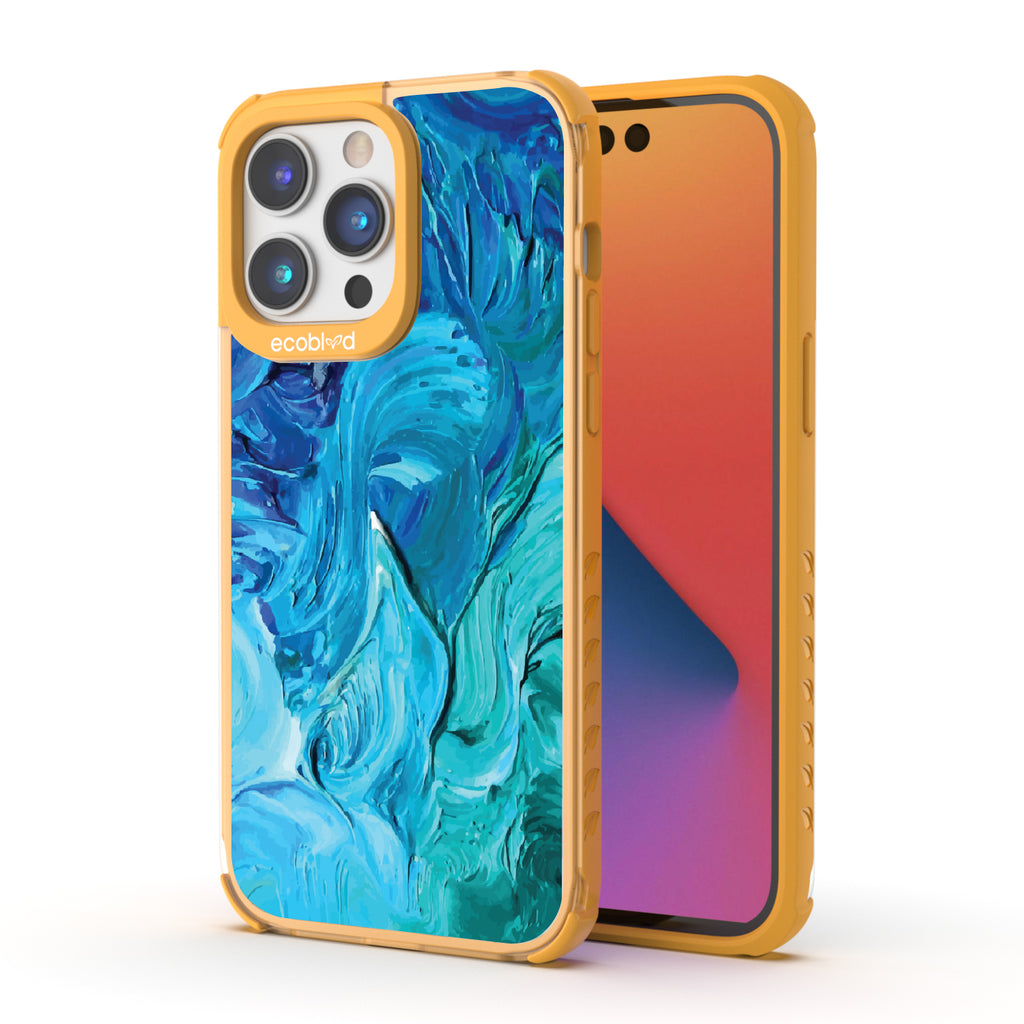 Front and back view of iPhone 14 Pro Max case, clear compostable phone case with yellow ridges, Oceanswept design