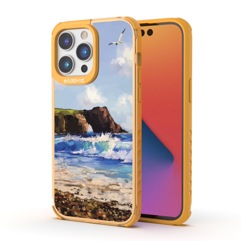 Front and back view of iPhone 14 Pro Max case, clear compostable phone case with yellow ridges, Cliffhanger design