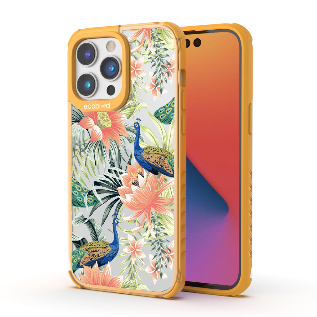 Peacock Palace - Yellow Eco-Friendly iPhone 14 Pro Max Case With Peacocks + Colorful Tropical Fauna On A Clear Back
