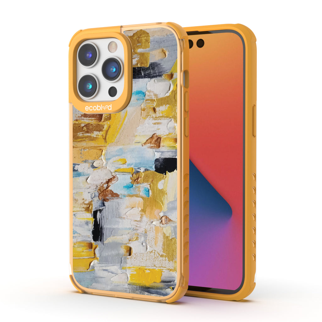 Front and back view of iPhone 14 Pro case, clear compostable phone case with yellow ridges, Lighten Up design