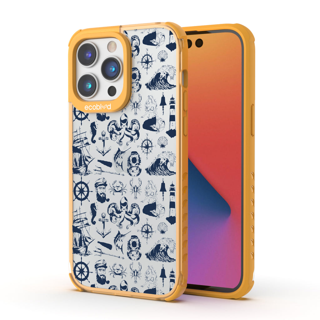 Nautical Tales - Back View Of Yellow & Clear Eco-Friendly iPhone 14 Pro Max Case & A Front View Of The Screen