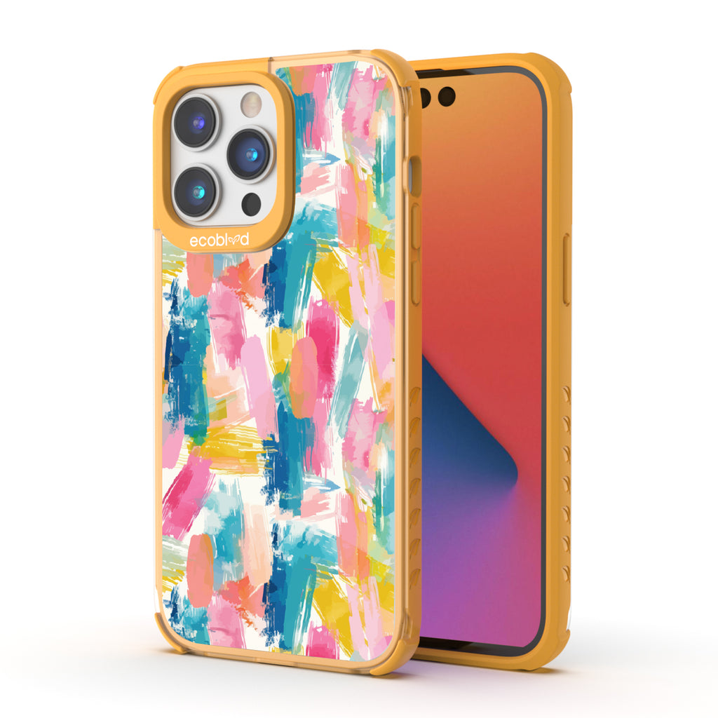 Front and back view of iPhone 14 Pro case, clear compostable phone case with yellow ridges, Blurred Beauty design
