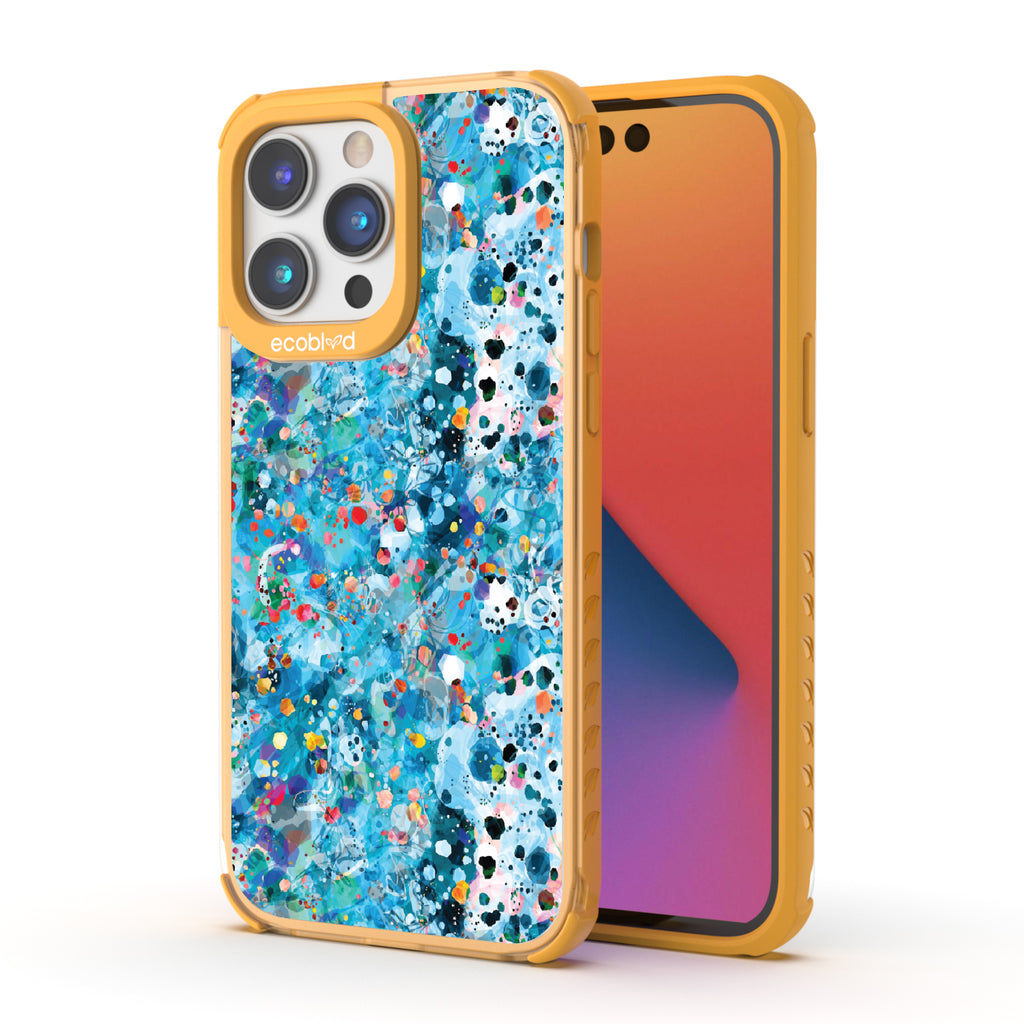 Front and back view of iPhone 14 Pro Max case, clear compostable phone case with yellow ridges, Brushed By The Tide design