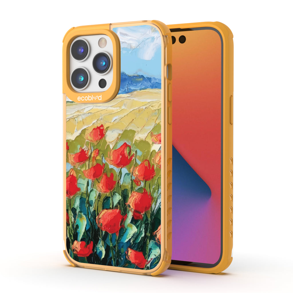 Front and back view of iPhone 14 Pro Max case, clear compostable phone case with yellow ridges, Sleepy Bloom design