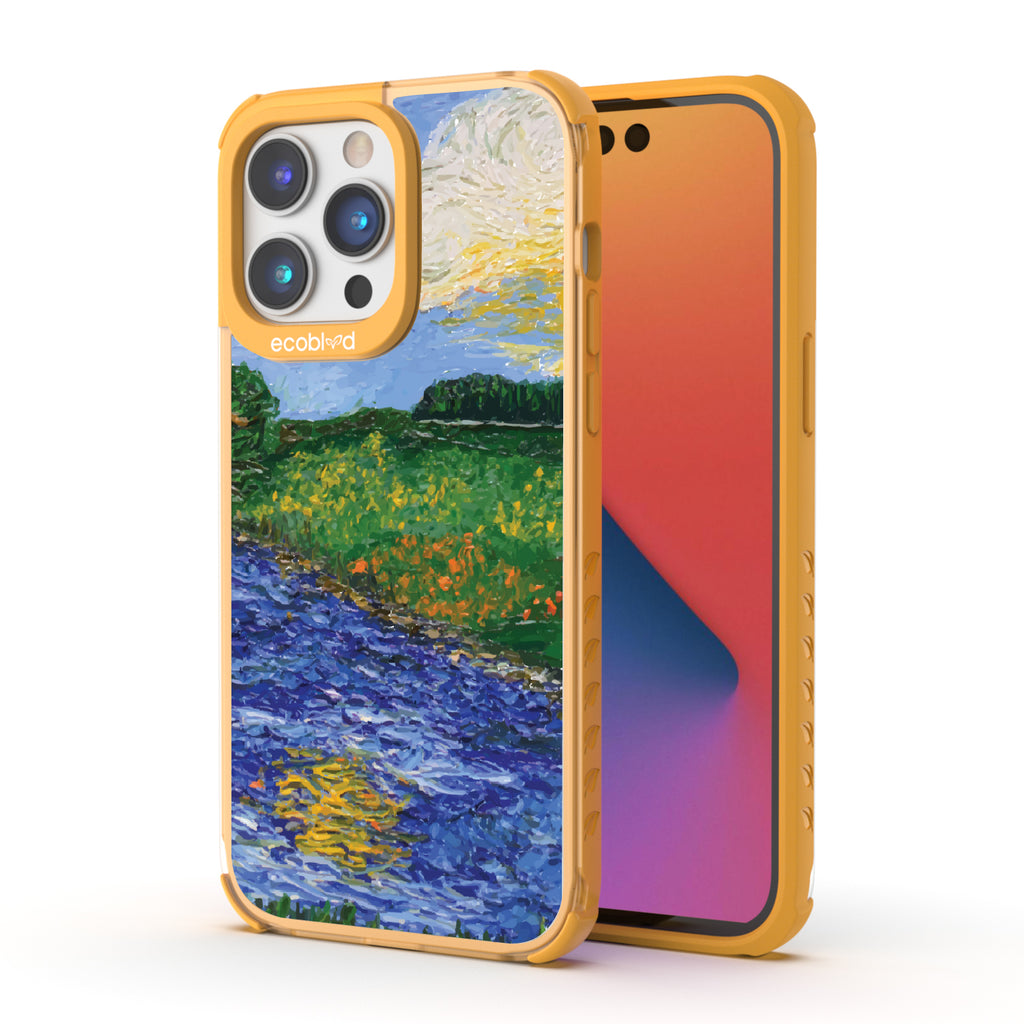 Front and back view of iPhone 14 Pro Max case, clear compostable phone case with yellow ridges, Field of Vision design