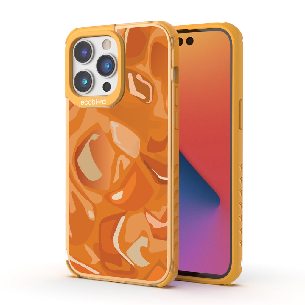 Front and back view of iPhone 14 Pro Max case, clear compostable phone case with yellow ridges, Cream & Sugar design
