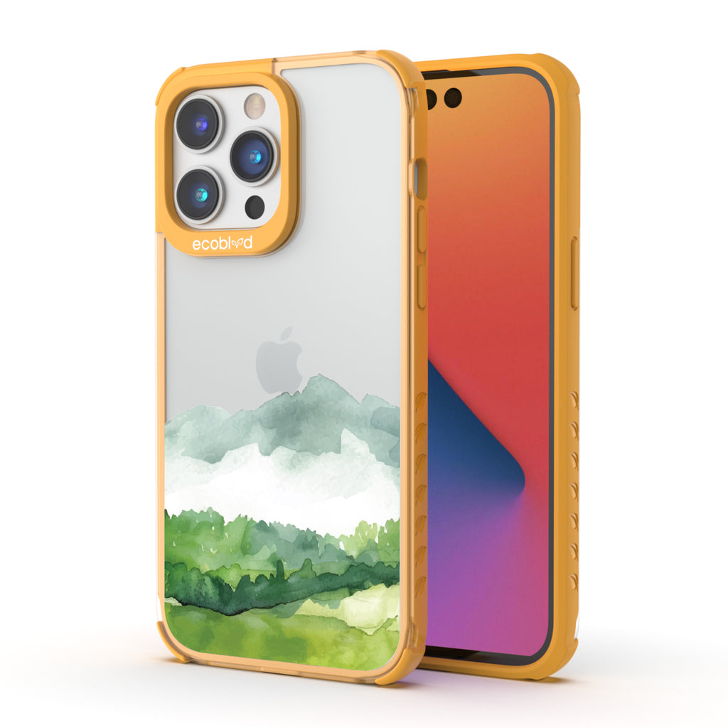 Front and back view of iPhone 14 Pro Max case, clear compostable phone case with yellow ridges, Open Horizon design