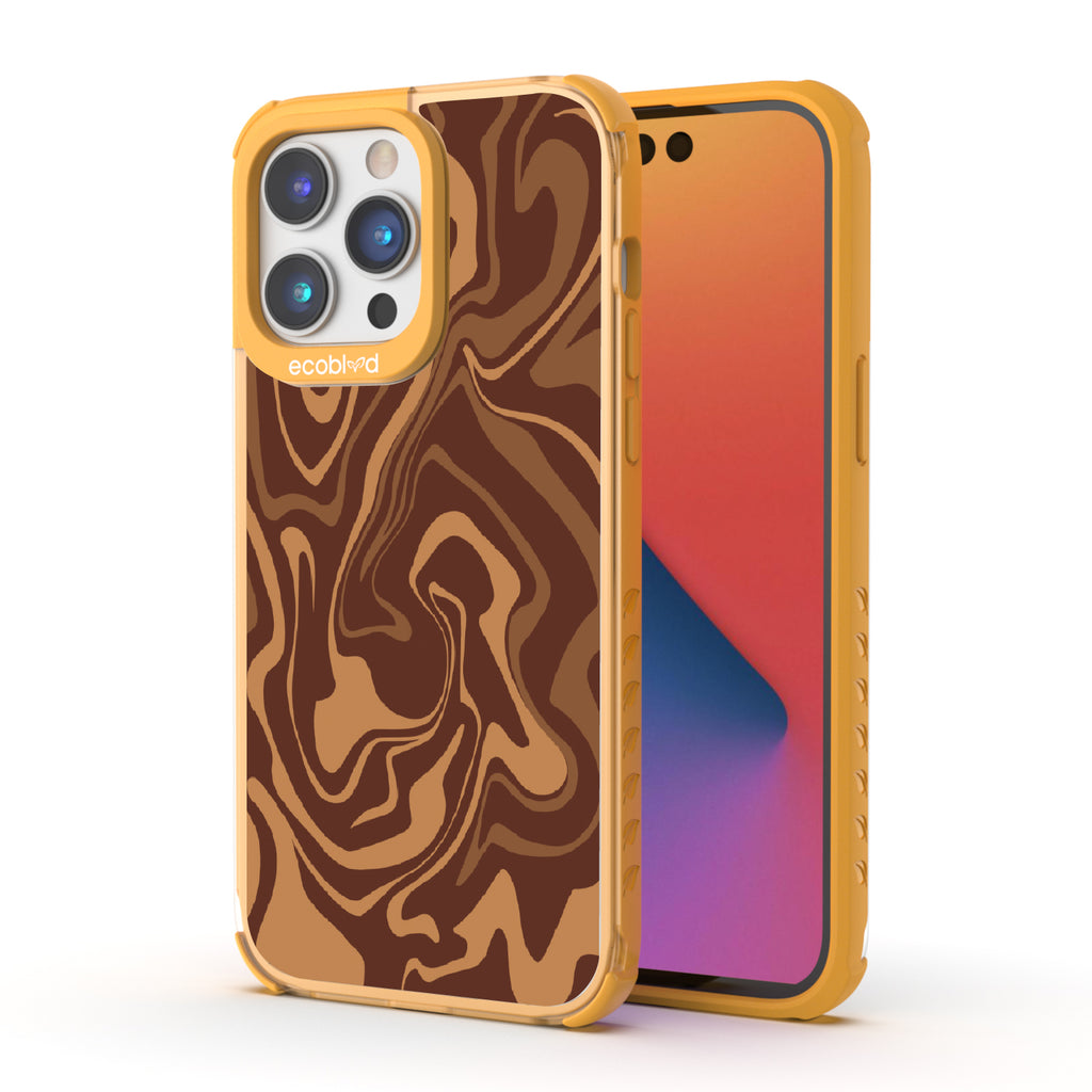 Front and back view of iPhone 14 Pro Max case, clear compostable phone case with yellow ridges, Stirred & Swirled design