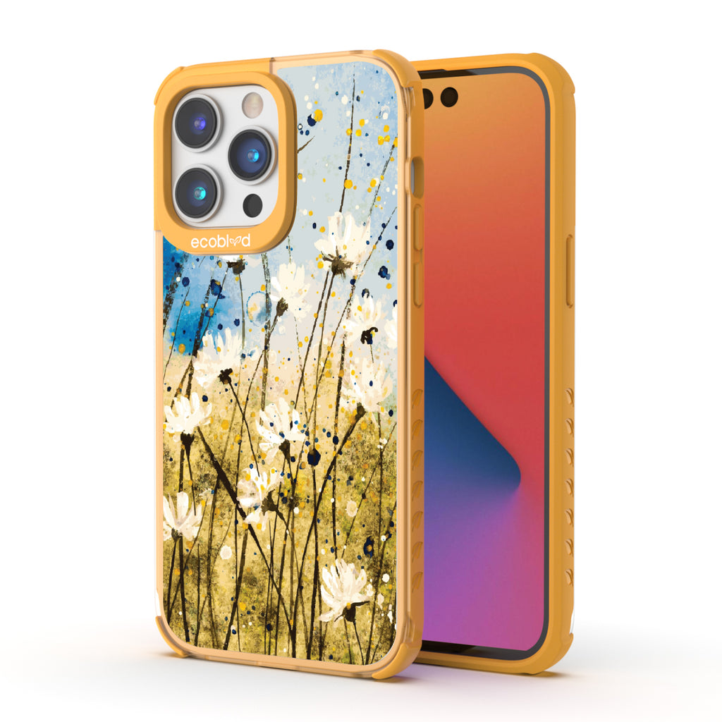 Front and back view of iPhone 14 Pro Max case, clear compostable phone case with yellow ridges, Dandelion Dance design
