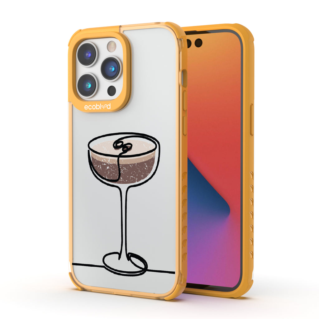 Front and back view of iPhone 14 Pro Max case, clear compostable phone case with yellow ridges, Brewtini design