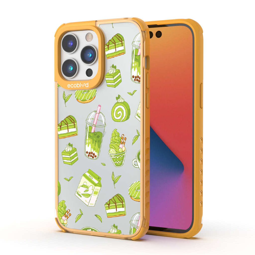 Front and back view of iPhone 14 Pro Max case, clear compostable phone case with yellow ridges, So Matcha More design