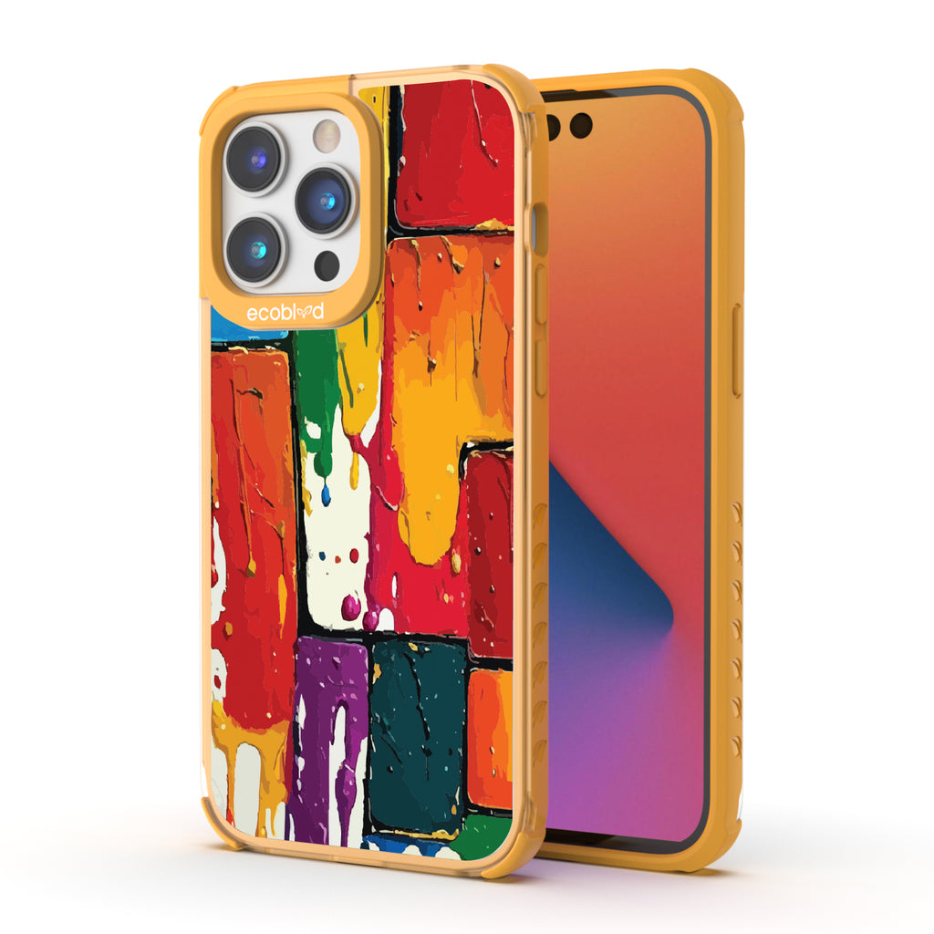 Front and back view of iPhone 14 Pro Max case, clear compostable phone case with yellow ridges, Color Me Mine design