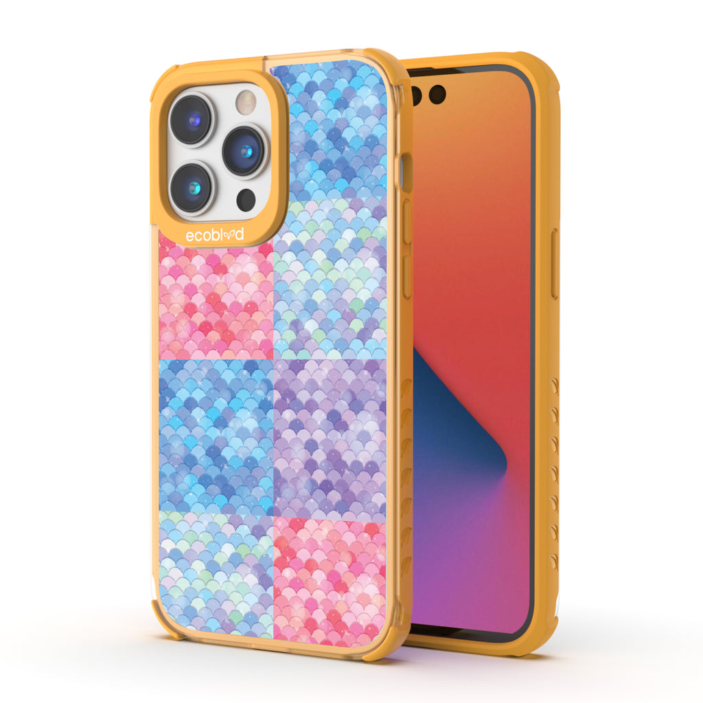 Front and back view of iPhone 14 Pro Max case, clear compostable phone case with yellow ridges, Coastal Treasures design