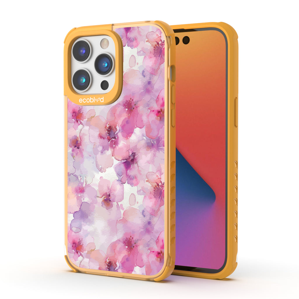 Front and back view of iPhone 14 Pro Max case, clear compostable phone case with yellow ridges, Rosewater design