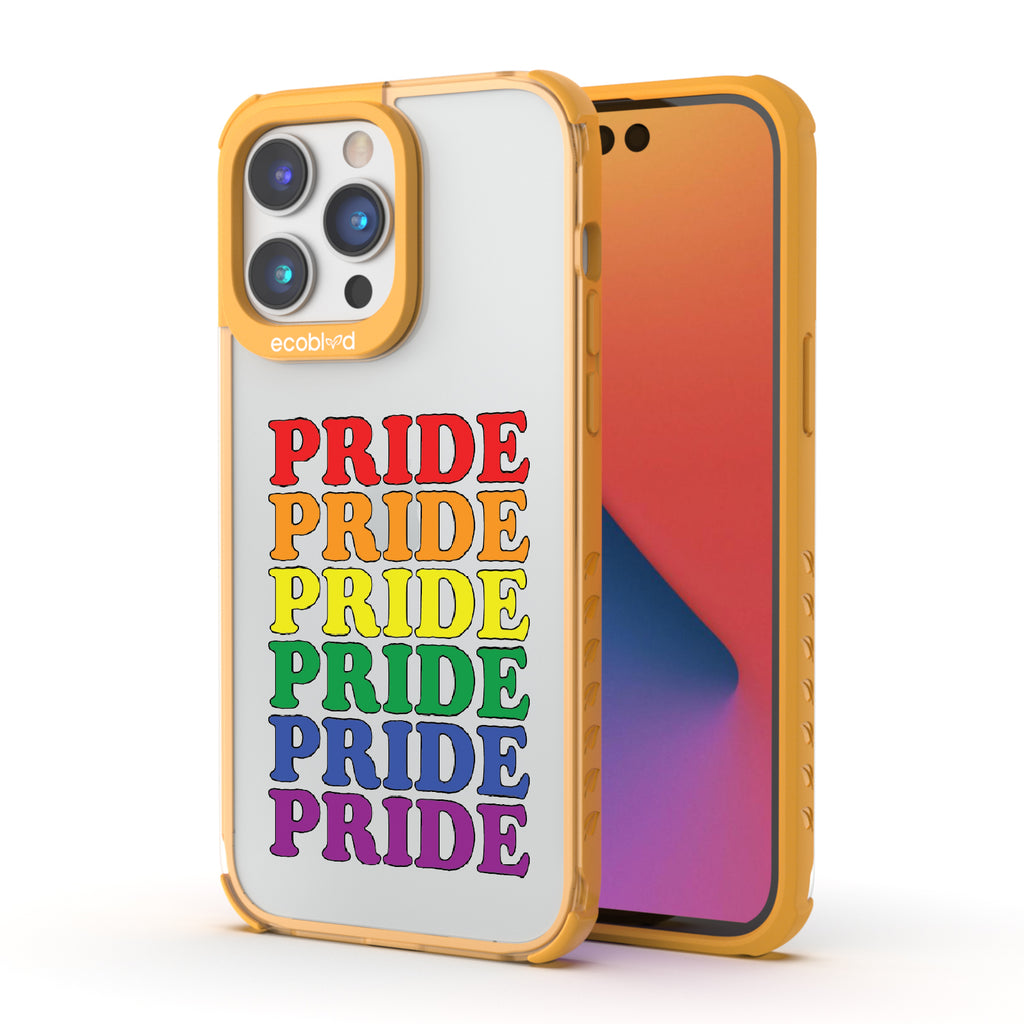 Pride Camp - Back View Of Yellow & Clear Eco-Friendly iPhone 14 Pro Case & A Front View Of The Screen