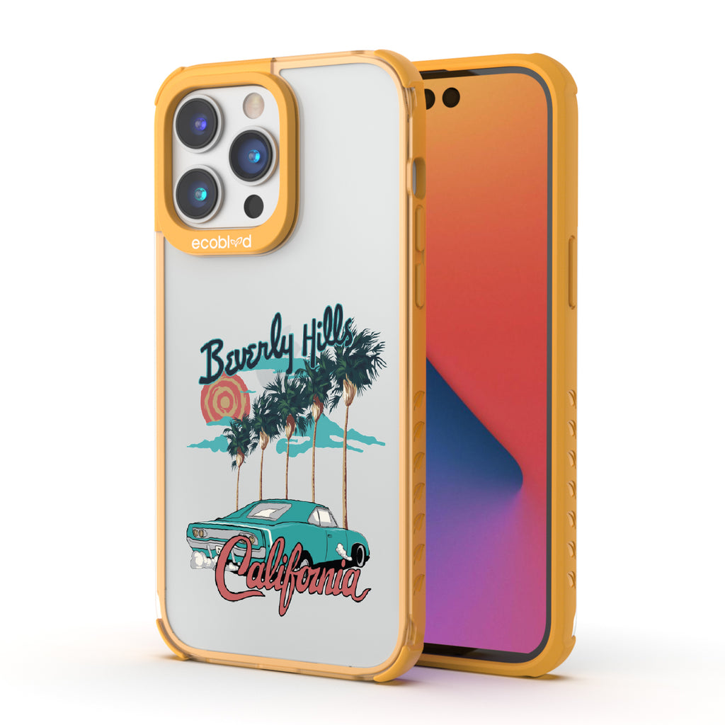 Front and back view of iPhone 14 Procase, clear compostable phone case with yellow ridges, 90210 design