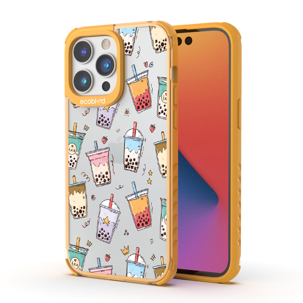 Front and back view of iPhone 14 Pro Max case, clear compostable phone case with yellow ridges, Best-Teas design
