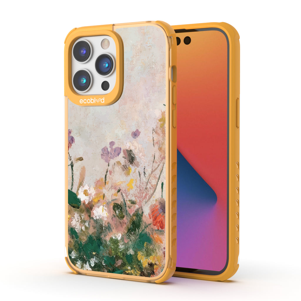 Front and back view of iPhone 14 Pro Max case, clear compostable phone case with yellow ridges, Wild Grace design