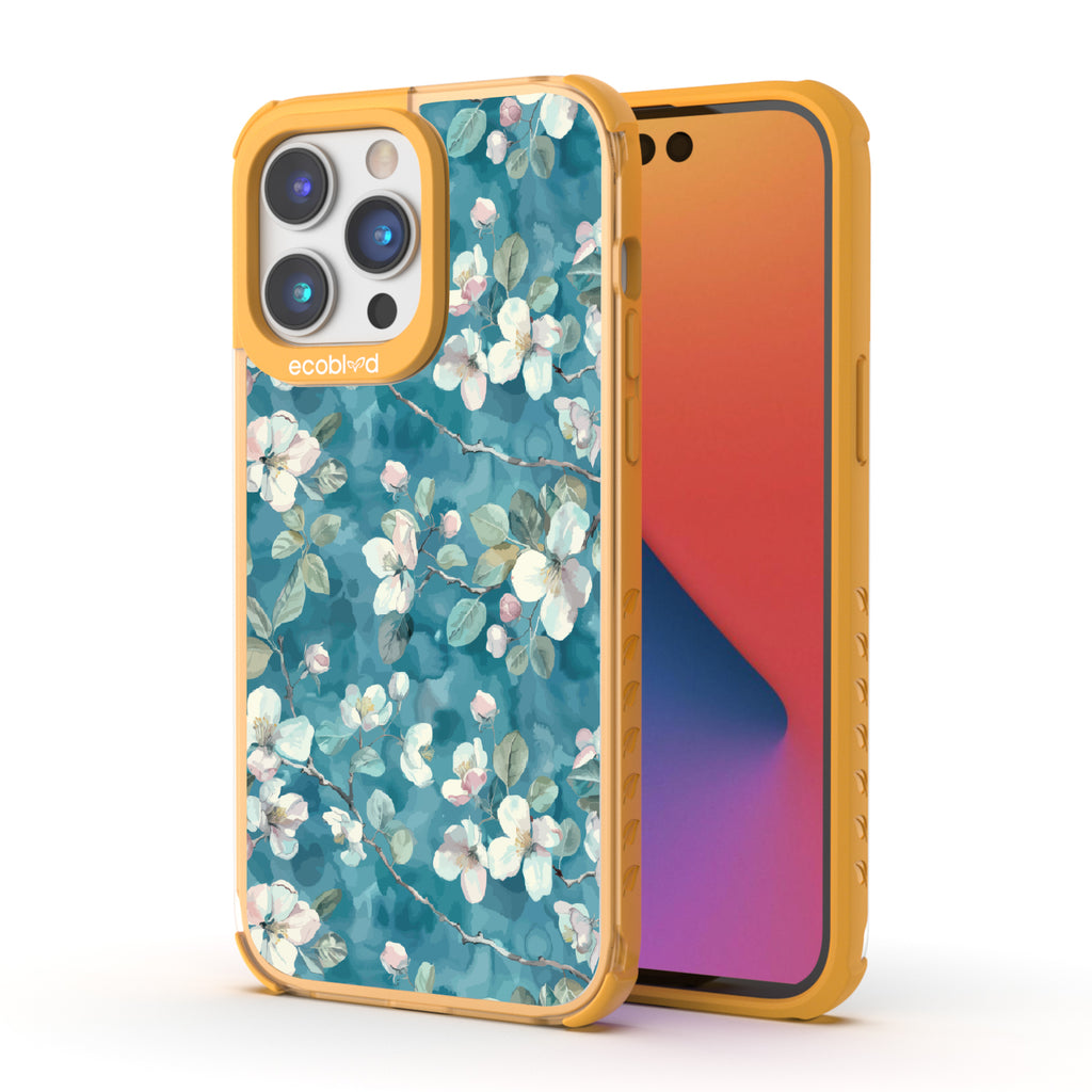 Front and back view of iPhone 14 Pro Max case, clear compostable phone case with yellow ridges, Sway & Sprout design