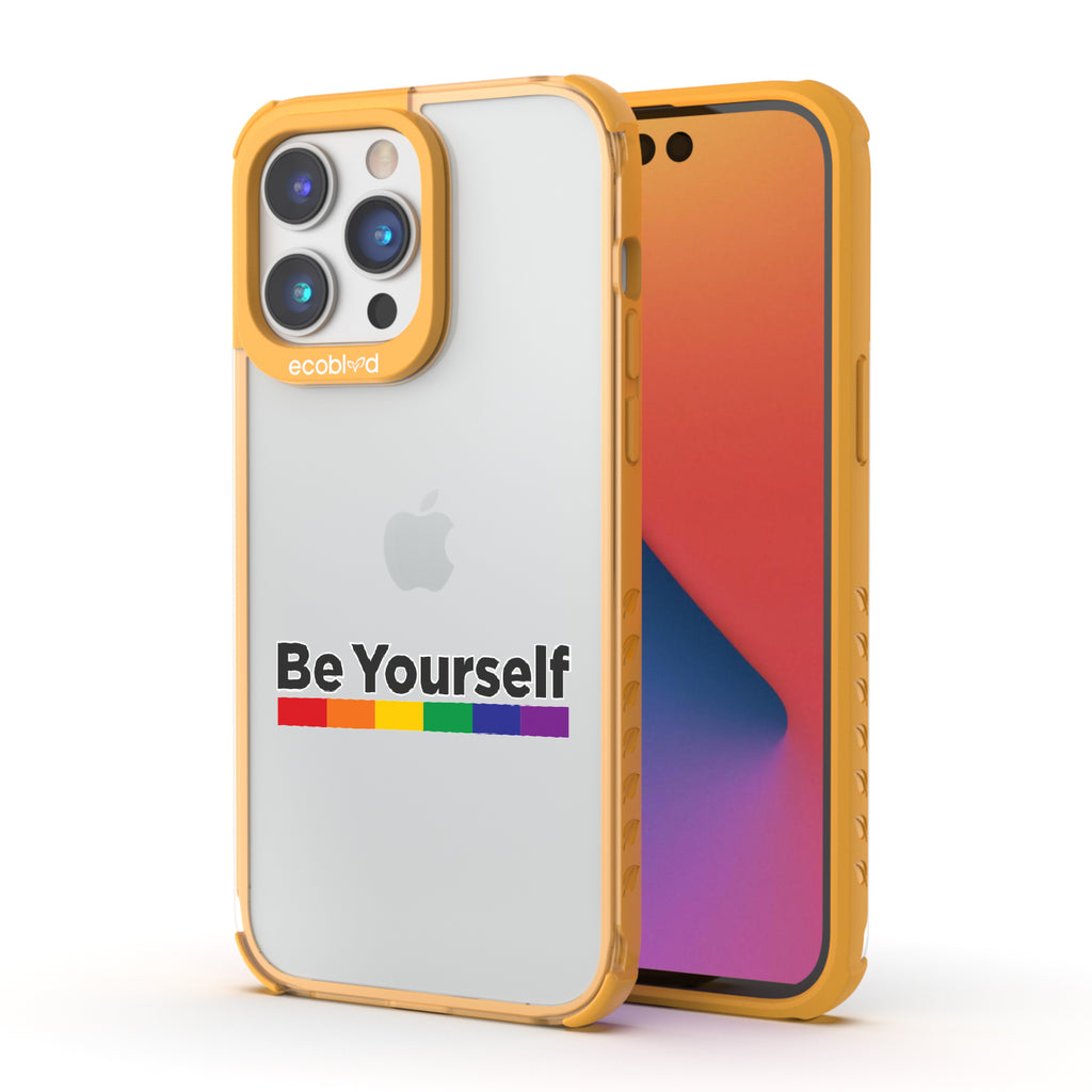 Be Yourself - Back View Of Yellow & Clear Eco-Friendly iPhone 14 Pro Case & A Front View Of The Screen