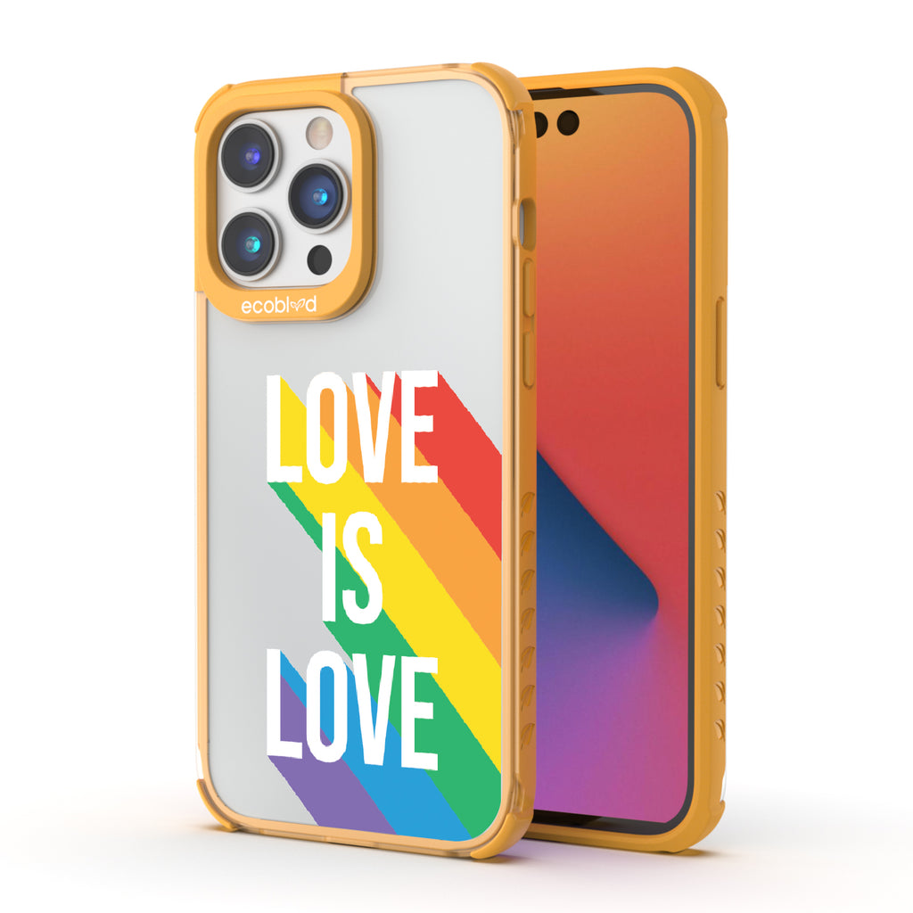 Spectrum Of Love - Back View Of Yellow & Clear Eco-Friendly iPhone 14 Pro Case & A Front View Of The Screen
