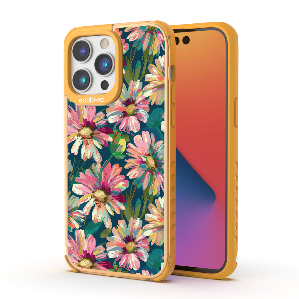 Front and back view of iPhone 14 Pro Max case, clear compostable phone case with yellow ridges, Daisy Dusk design