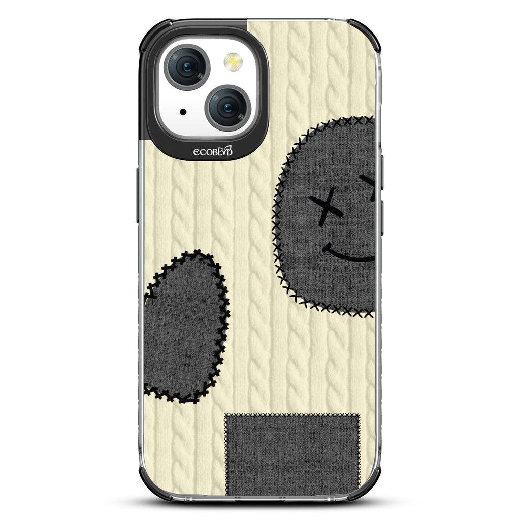 All Patched Up - Cable Knit With Patches of Heart + Happy Face - Eco-Friendly Clear iPhone 15 Case With Black Rim