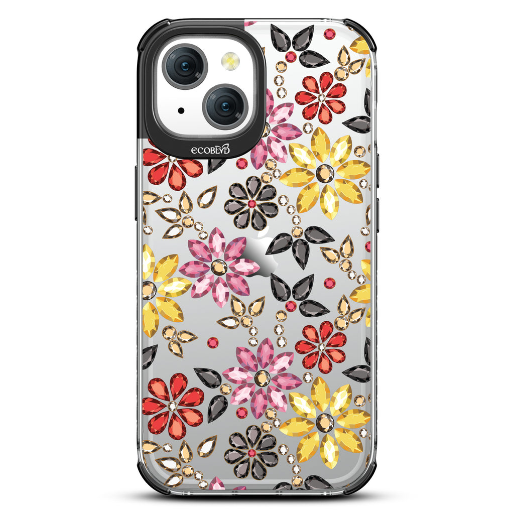 Bejeweled - Rhinestone Jewels In Floral Patterns - Eco-Friendly Clear iPhone 15 Case With Black Rim