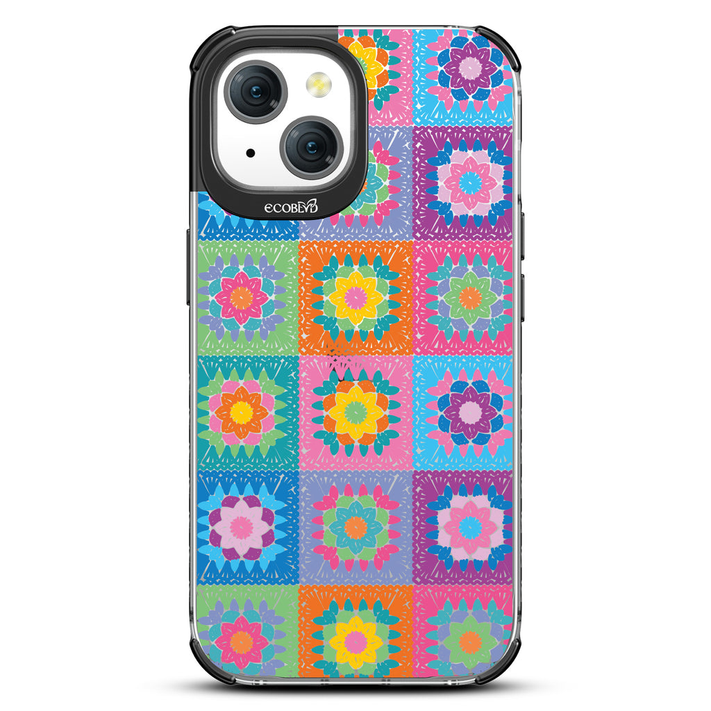 All Squared Away - Pastel Vintage Granny Squares Crochet - Eco-Friendly Clear iPhone 15 Case With Black Rim 