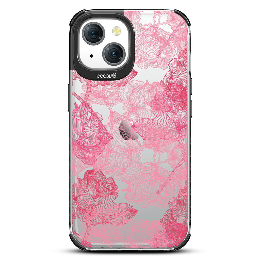 Blushed Pink - Pink Line Art Style Roses - Eco-Friendly Clear iPhone 15 Case With Black Rim