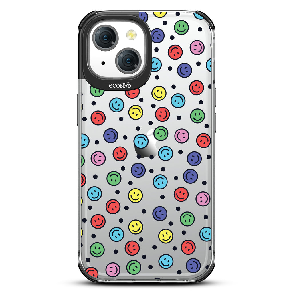 All Smiles - Multi Colored Smiley Faces & Black Dots - Eco-Friendly Clear iPhone 15 Case With Black Rim  