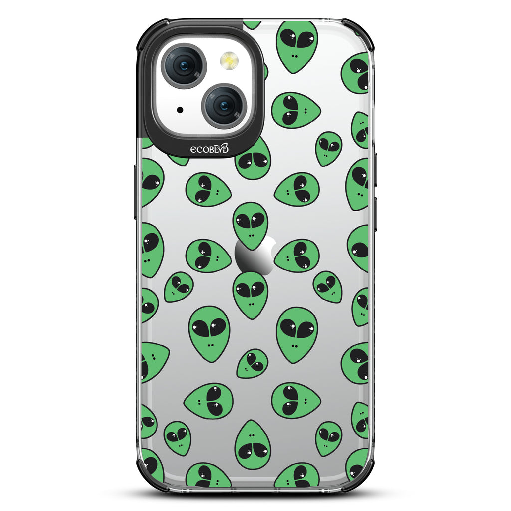 Aliens - Green Cartoon Alien Heads - Eco-Friendly Clear iPhone 15 Case With Black Rim