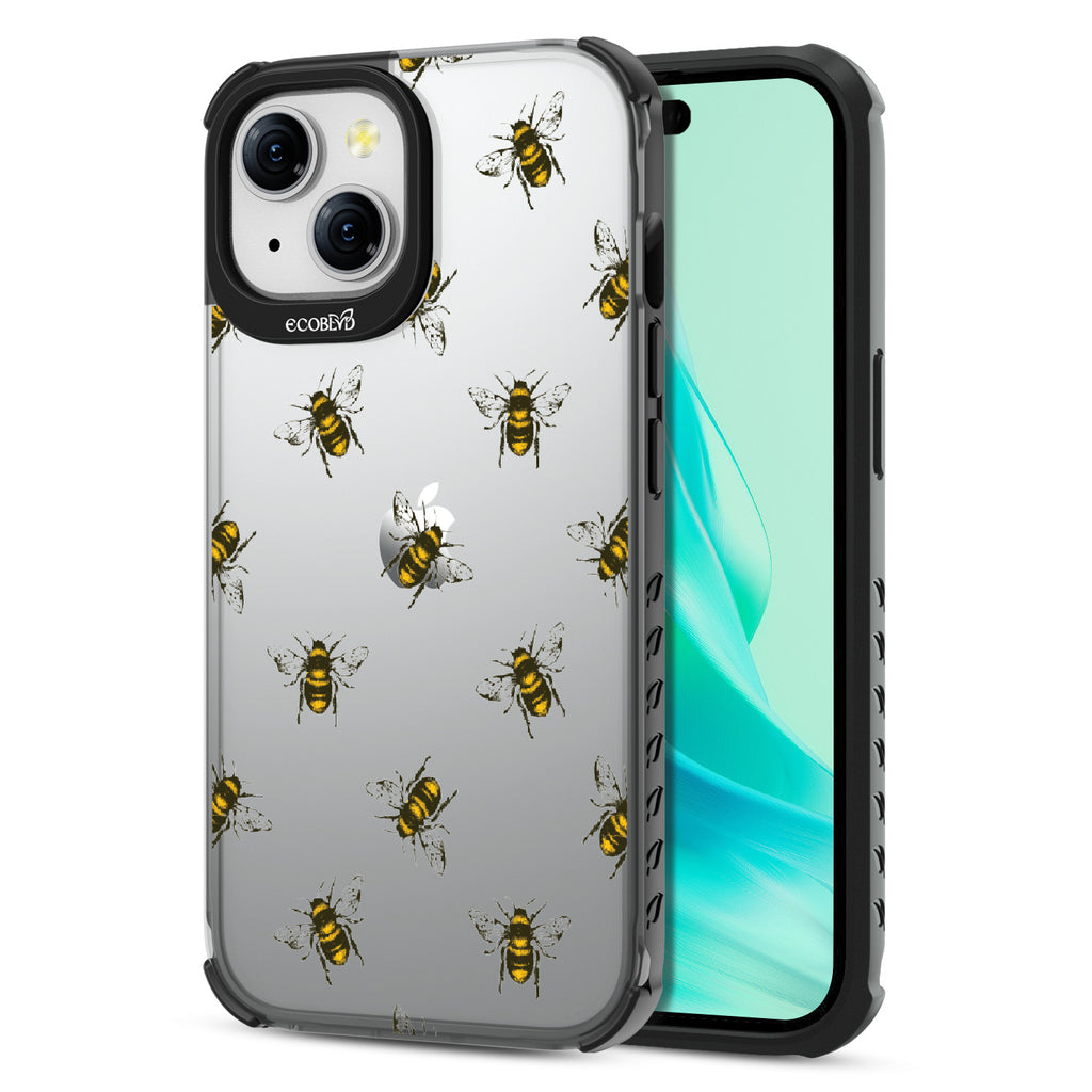 Bees - Back View Of Eco-Friendly iPhone 15 Clear Case With Black Rim & Front View Of Screen