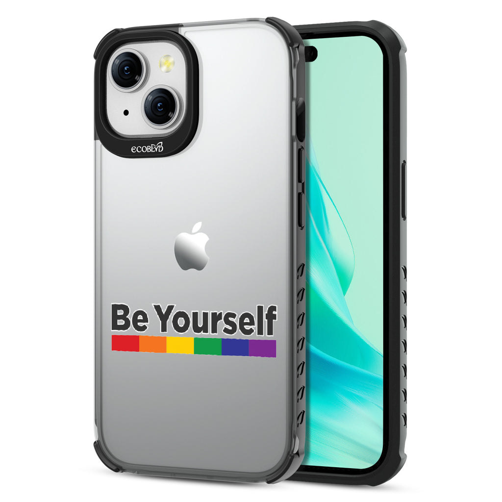 Be Yourself - Back View Of Black Eco-Friendly iPhone 15 Clear Case With Black Rim & Front View Of Screen