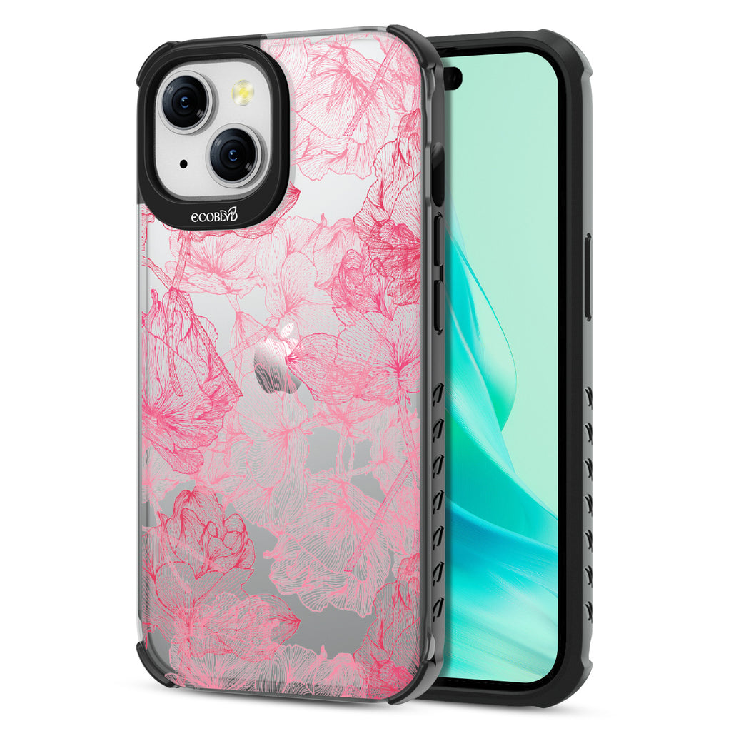 Blushed Pink - Back View Of Eco-Friendly iPhone 15 Case With Black Rim & Front View Of Screen