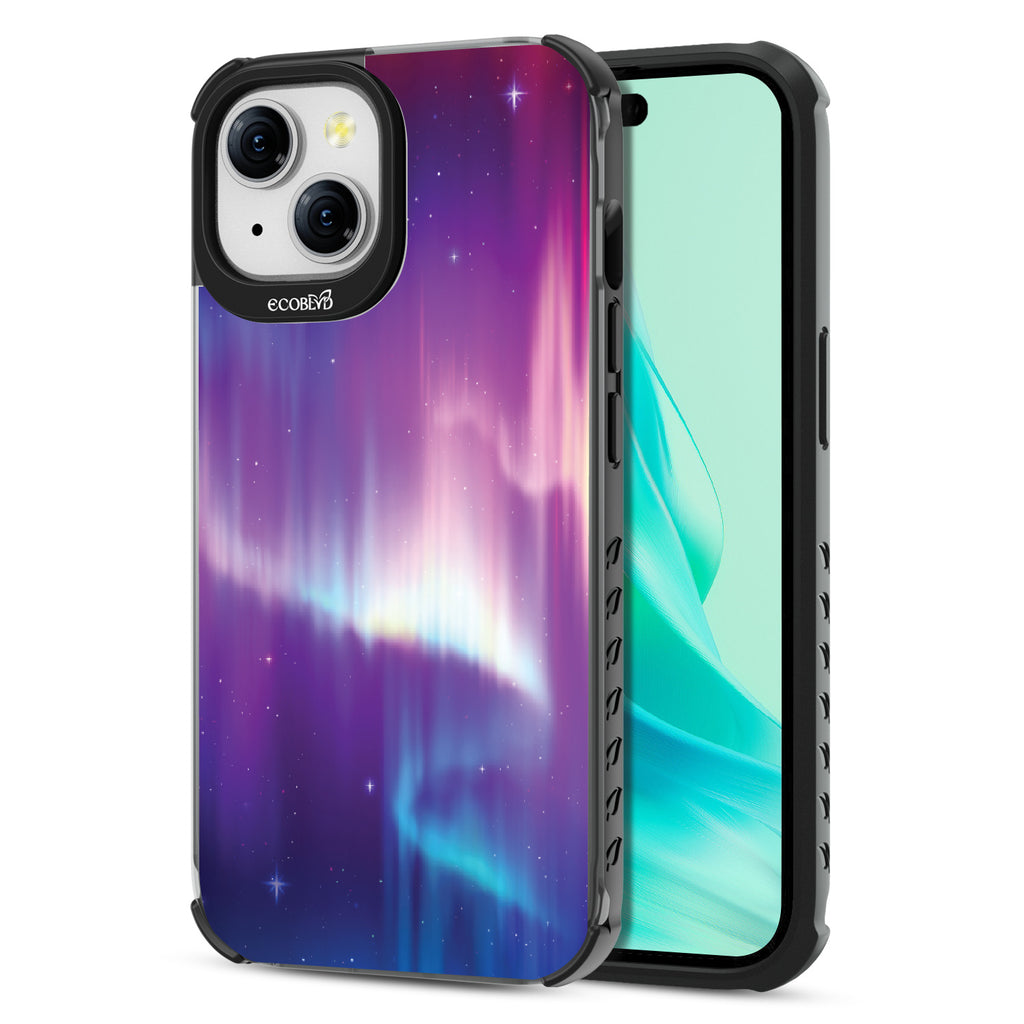 Aurora Borealis - Back View Of Eco-Friendly iPhone 15 Clear Case With Black Rim & Front View Of Screen