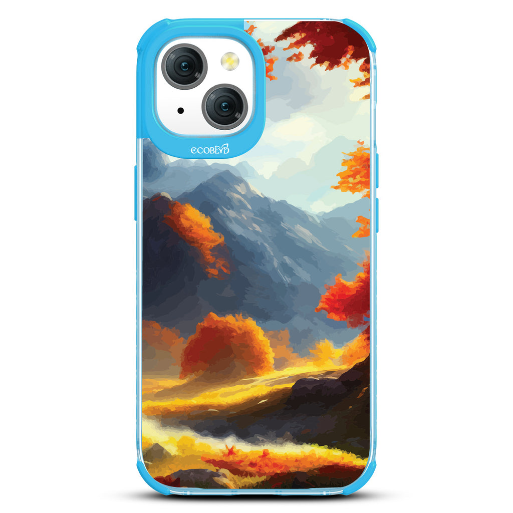 Autumn Canvas - Watercolored Fall Mountain Landscape - Eco-Friendly Clear iPhone 15 Case With Blue Rim 