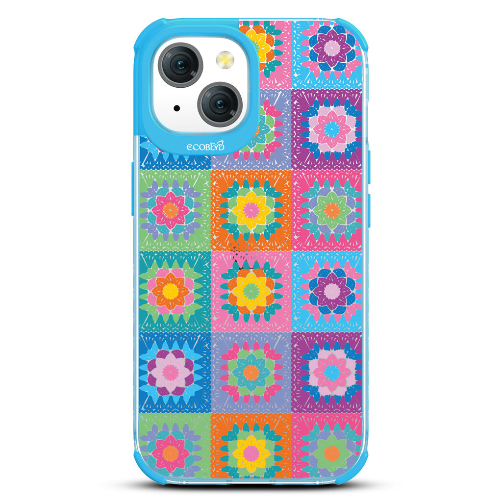 All Squared Away - Pastel Vintage Granny Squares Crochet - Eco-Friendly Clear iPhone 15 Case With Blue Rim