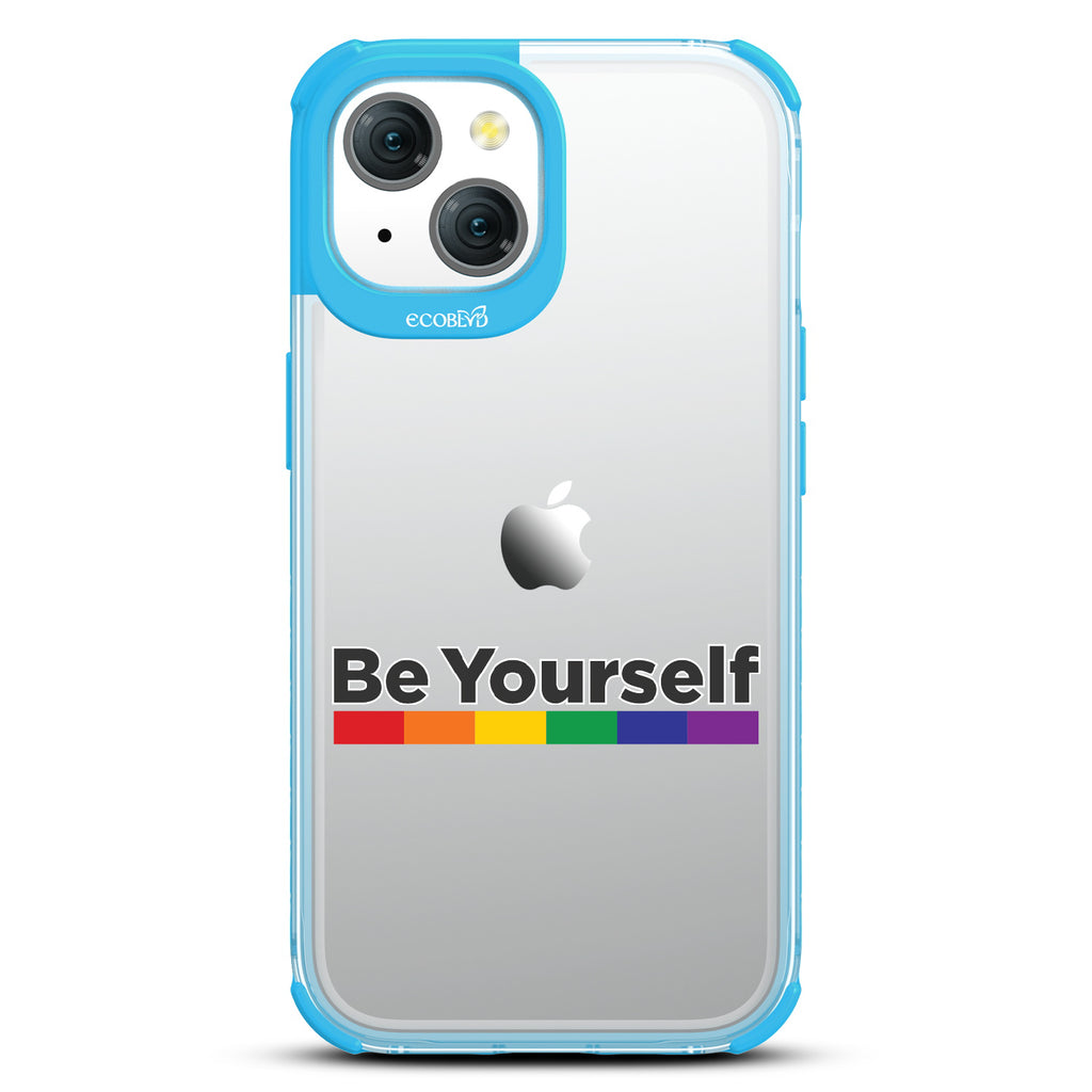 Be Yourself - Be Yourself + Rainbow Gradient Line - Eco-Friendly Clear iPhone 15 Case With Blue Rim 